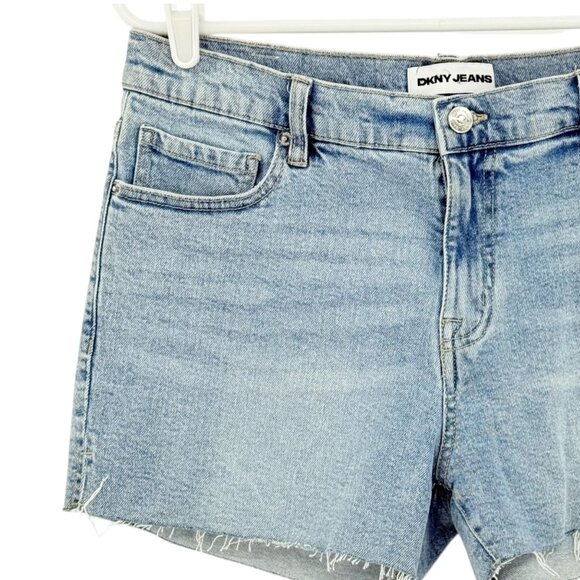 DKNY Jeans Women's Stretch Mid Rise Raw Hem Blue Denim Shorts Size 30 NWT - Picture 3 of 12